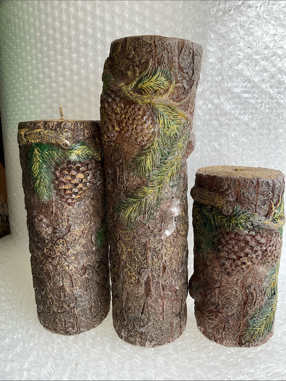 Rustic wax wood look pillar candles